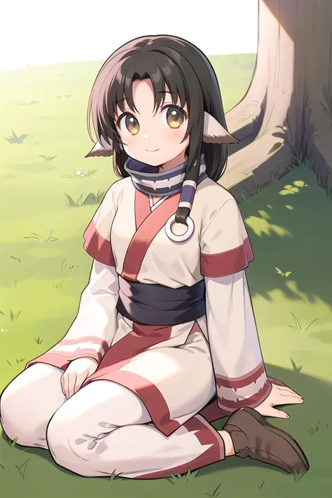 1girl, <lora:AruruuEruruu_CHARA:1>, eruruwfit, sitting, outdoors, grass, smile, looking at viewer,