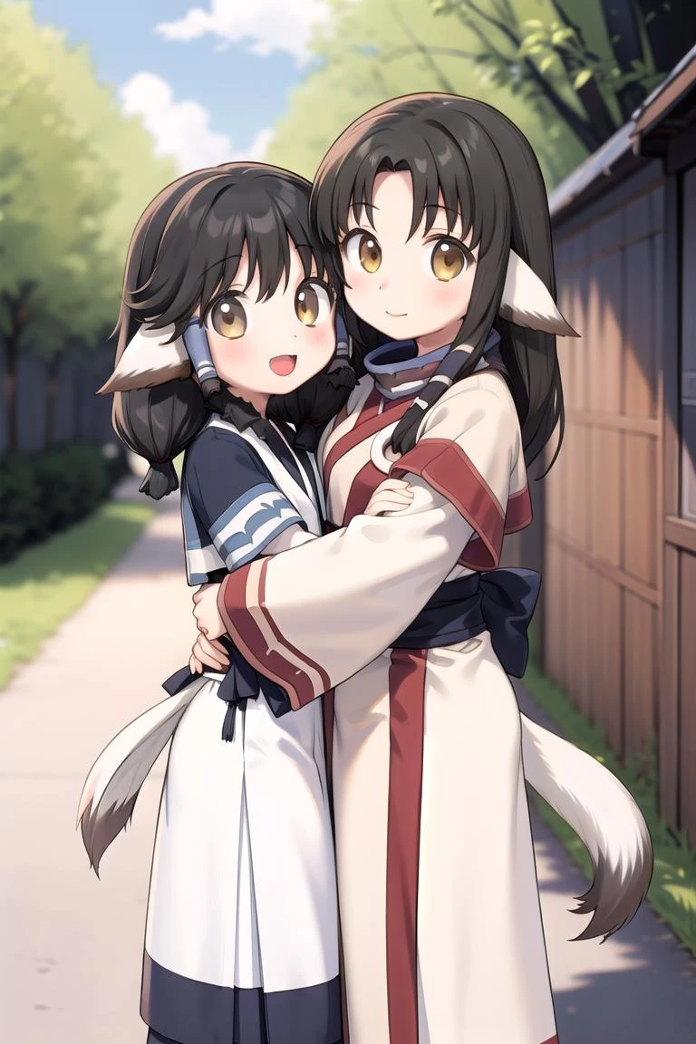 2girls, outdoors, standing, hug, BREAK
aruruufit, :D, dog tail, looking at viewer BREAK
eruruwfit, light smile, dog tail, looking at viewer
<lora:AruruuEruruu_CHARA:1>