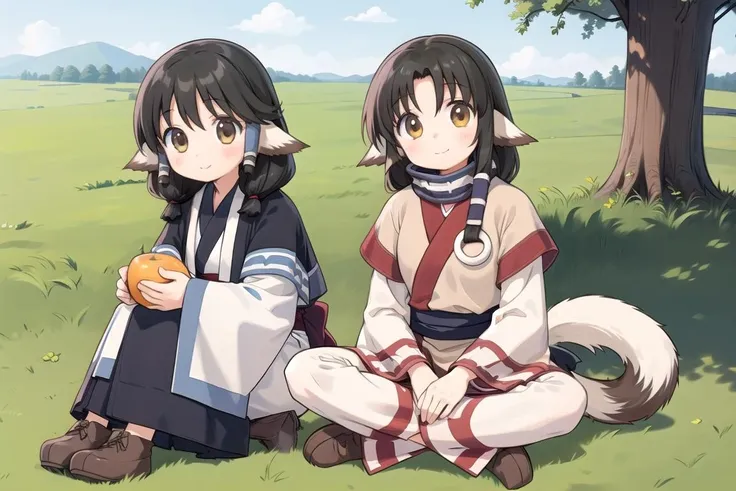 2girls, sitting, outdoors, grass, BREAK
aruruufit, dog tail, smile, holding fruit BREAK
eruruwfit, smile, looking at viewer, dog tail
<lora:AruruuEruruu_CHARA:1>