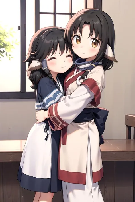 2girls, standing, hug, BREAK
aruruufit, :3, closed eyes, BREAK
eruruwfit, smile, looking at viewer,
<lora:AruruuEruruu_CHARA:1>