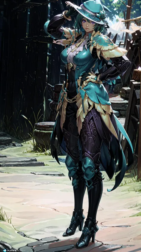 sehele style, <lora:sehele:0.4>, (anime screencap), jeldan, (((a woman in a blue outfit and a hat standing))), (green hair), (purple eyes), 8k, Unreal Engine 5, octane render, by kyun, gamang, Yoon Gon-Ji, g.ho, gosonjak, shuroop, serious, domi, noah smooth soft skin, big dreamy eyes, beautiful intricate colored hair, anime wide eyes, soft lighting, concept art, digital painting, detailed face, <lora:jeldan:0.7>