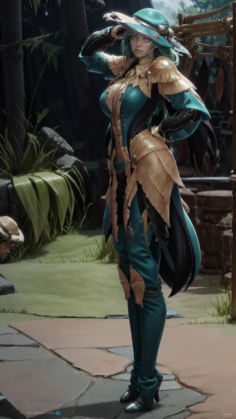 sehele style, <lora:sehele:0.4>, (anime screencap), jeldan, (((a woman in a blue outfit and a hat standing))), (green hair), (purple eyes), 8k, Unreal Engine 5, octane render, by kyun, gamang, Yoon Gon-Ji, g.ho, gosonjak, shuroop, serious, domi, noah smooth soft skin, big dreamy eyes, beautiful intricate colored hair, anime wide eyes, soft lighting, concept art, digital painting, detailed face, <lora:jeldan:0.7>
