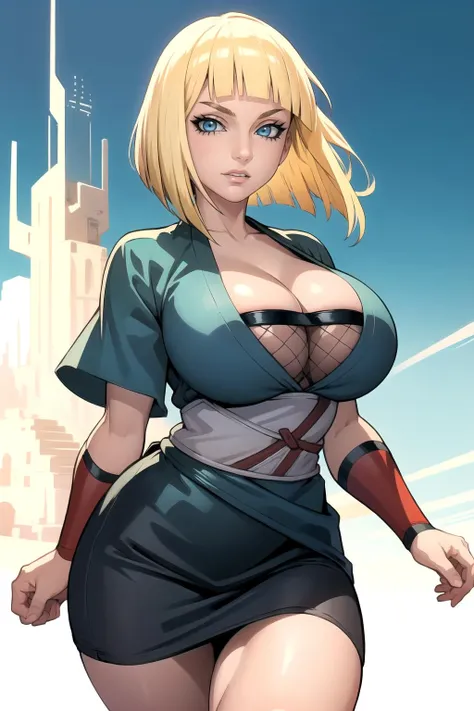 1girl, (solo:1.2), curvy, (masterpiece:1.2), (best quality:1.2), (perfect anatomy:1.4), (jumping:1.4), (happy:1.2), smile, (large breasts:1.4), (cowboy shot:1.2) <lora:Lack [MockAi - v1.0]:0.7> lack, anime style, pastel colors, thick semi-traditional lineart, <lora:Samui [novowels - v1.0]:0.8> samui, (blonde hair:1.2), medium hair, blue eyes, bob cut, black kimono, cleavage, vambraces, short dress