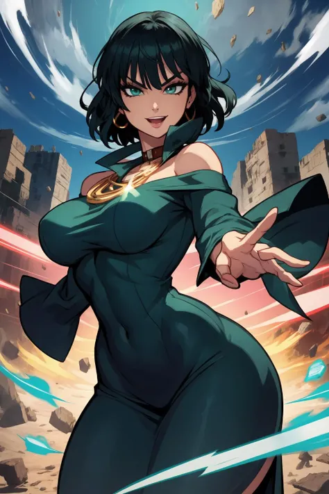 1girl, (solo:1.2), (masterpiece:1.2), (best quality:1.2), (perfect anatomy:1.4)
<lora:Eigaka [MockAi - v1.0]:0.8> eigaka, (huge breasts:1.4), (urvy:1.5), overflowing breasts, (skindentation:1.4)
(cowboy shot:1.5), (dynamic pose:1.5), (looking at viewer:1.5), (expressive face:1.5), (all around happy:1.5), (using psychokinesis:1.4), <lora:Fubuki [nochekaiser881 - v1.0]:1> fubuki, black hair, green eyes, short hair, black dress, dress, high collar, jewelry, necklace, off shoulder, taut clothes, taut dress, (post fight scenery:1.3), rubble, outside, daylight
