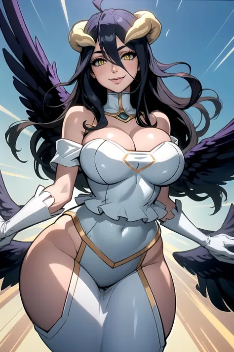 1girl, (solo:1.2), curvy, (masterpiece:1.2), (best quality:1.2), (perfect anatomy:1.4), (jumping:1.4), (happy:1.2), smile, (large breasts:1.4), (cowboy shot:1.2) <lora:Lack [MockAi - v1.0]:0.7> lack, anime style, pastel colors, thick semi-traditional lineart, <lora:Overlord - Albedo [h_madoka - v1.0]:0.7> al1, demon horns, white gloves, white dress, bare shoulders, detached collar, cleavage, slit pupils, black wings, feathered wings, low wings