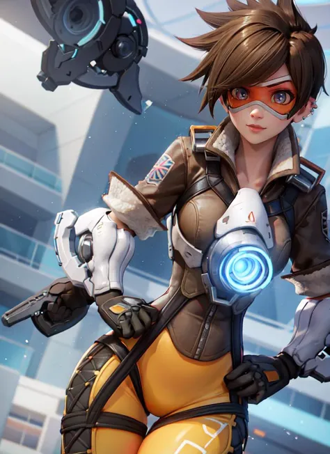 ((best quality)), ((highly detailed)), absurdres, (detailed eyes, deep eyes), (1girl), cowboy shot, <lora:hairdetailer:.9>, <lora:OverWatch_Tracer-DEF:.9>, tracer, short hair, ear piercing, goggles, bomber jacket, gloves, harness, cross-laced leggings, (inside, at a shopping mall)