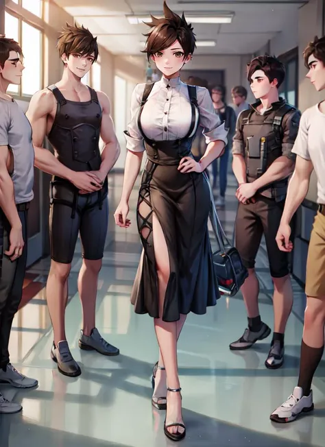 ((best quality)), ((highly detailed)), absurdres, (detailed eyes, deep eyes), <lora:more_details:.3>, (1girl), full body, very wide shot, <lora:OverWatch_Tracer-DEF:.7>, tracer, short hair, brown eyes, ear piercing, medium breasts, smiling, pinafore dress, maxi skirt, (indoors, <lora:school_hallway_v0.1:1>, school hallway, BREAK (((multiple boys))))
