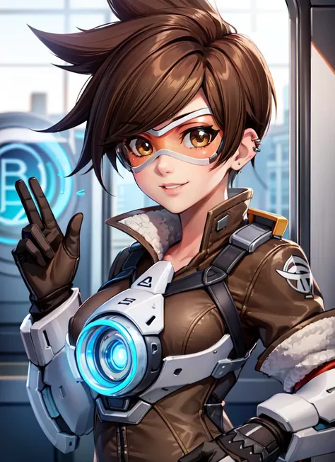 ((best quality)), ((highly detailed)), absurdres, extremely detailed face, beautiful face, (detailed eyes, deep eyes), <lora:more_details:.4>, (1girl), fisheye lense, upper body, <lora:OverWatch_Tracer-DEF:.65>, tracer, short hair, brown eyes, ear piercing, medium breasts, smiling, goggles, bomber jacket, gloves, harness, cross-laced leggings, (inside, on a train)