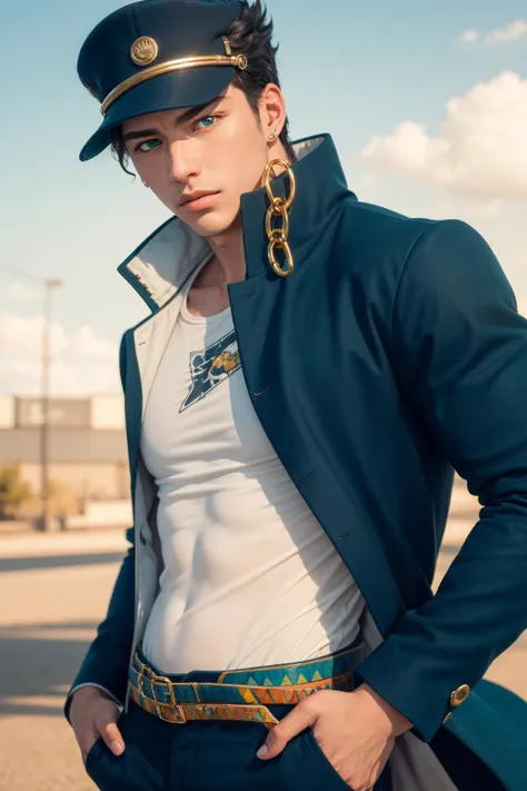 (masterpiece, best quality:1.2),, cowboy shot, solo, male focus, 1boy, kujo jotaro, muscular male, serious, closed mouth, looking at viewer, hands in pockets, hat, green eyes, school uniform, gakuran, long coat, jewelry, earrings, chain <lora:jojo_jotaro_kujo-10:1>
