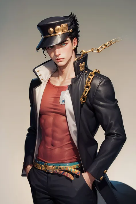 (masterpiece, best quality:1.2), <lora:jojo_jotaro_kujo-10:1>, cowboy shot, solo, male focus, 1boy, kujo jotaro, muscular male, serious, closed mouth, looking at viewer, hands in pockets, hat, green eyes, school uniform, gakuran, long coat, jewelry, earrings, chain