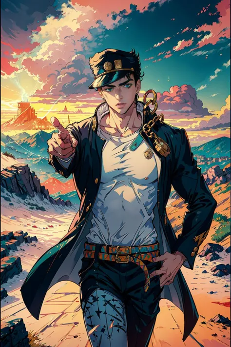 (masterpiece), best quality, 8k, perfect artwork, (lightning effect, time stop), Fantasy, 1man, KUJO JOTARO, muscular man, star, thick-lipped, HAT ,GREEN EYES, SCHOOL UNIFORM, GAKURAN, LONG COAT, JEWELRY, EARRINGS, CHAIN, Hash, jojo pose, pointing
hilltop monastery with panoramic views of the surrounding landscape, <lora:jojo_jotaro_kujo-10:1> <lora:Necronomicon-10:0.5> <lora:Night:0.5> <lora:epiNoiseoffset_v2:0.2>
