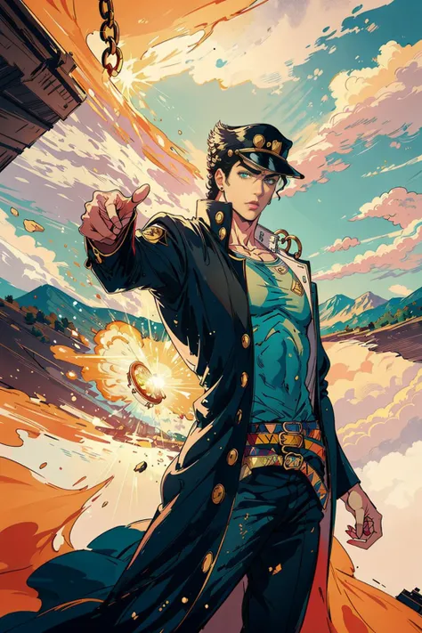 (masterpiece), best quality, 8k, perfect artwork, (choas effect), Fantasy, 1man, KUJO JOTARO, muscular man, star, thick-lipped, big hat ,GREEN EYES, SCHOOL UNIFORM, GAKURAN, LONG COAT, JEWELRY, EARRINGS, CHAIN, Hash,  (jojo pose, pointing)
hilltop monastery with panoramic views of the surrounding landscape, <lora:jojo_jotaro_kujo-10:1> <lora:Necronomicon-10:0.5> <lora:Night:0.5> <lora:epiNoiseoffset_v2:0.2>