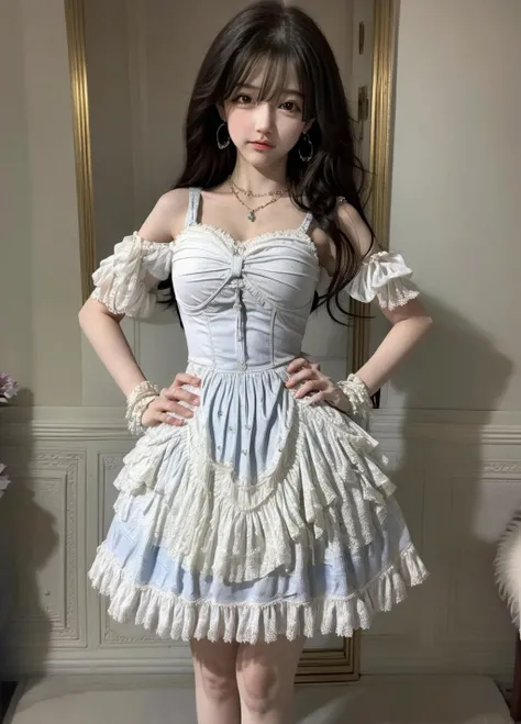 masterpiece,best quality,1girl,solo,looking at viewer,bright light,hand on hip, <lora:add_detail:0.7>,jewelry,earrings,necklace,<lora:Blue Hime Basque_20230627170534:0.75> Blue Hime Basque,frilled dress, <lora:lvxiaolinzi:0.7>