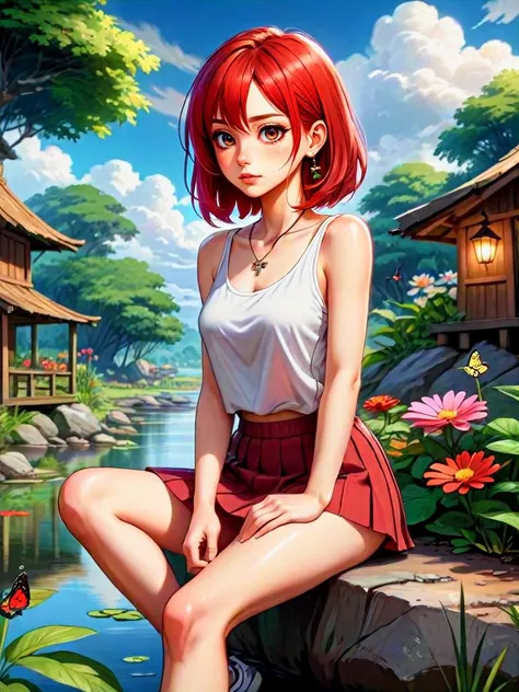 pretty face, girl, long bob cut, red hair, tank top, skirt, huts, plants, flowers, outdoors, lampposts, pond, butterfly, rock, puffy clouds, earrings, necklace, sitting, sneakers, evening,
<lora:lcm-lora-sdxl:0.8> (anime theme:1.1), highres, (highly detailed:1.2), cinematic, aesthetic, masterpiece