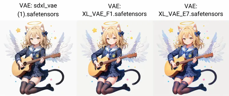 white background,semilong wavy blonde hair,angel wing,Angel Halo,full body,(school uniform:1.2),black thighhighs,cute,cat ears, white background,play the guitar