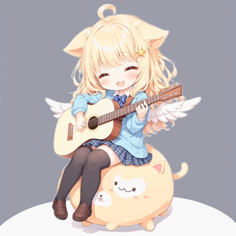 white background,semilong wavy blonde hair,angel wing,Angel Halo,full body,(school uniform:1.2),black thighhighs,cute,cat ears, white background,play the guitar,