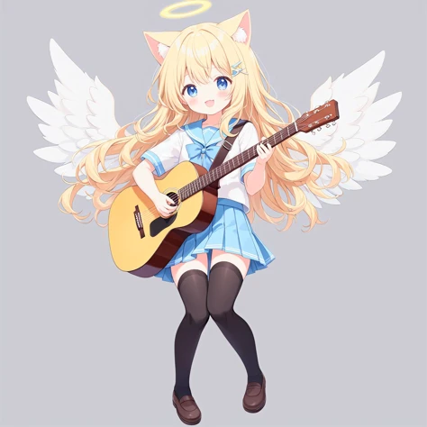 white background,semilong wavy blonde hair,angel wing,Angel Halo,full body,(school uniform:1.2),black thighhighs,cute,cat ears, white background,play the guitar,