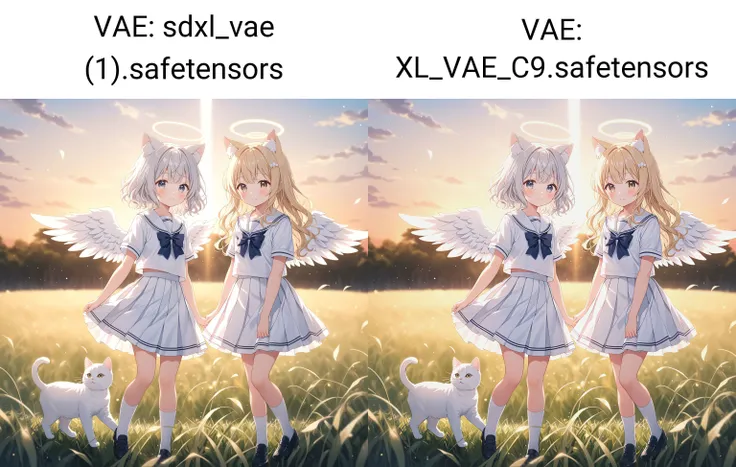 semilong wavy blonde hair girl with angel wings with Angel Halo with cat ears and semilong wavy silver hair girl with angel wings with Angel Halo with cat ears,full body,school uniform,depth of field,4k backlighting,in Fantastic field, 2girls,ultra cute