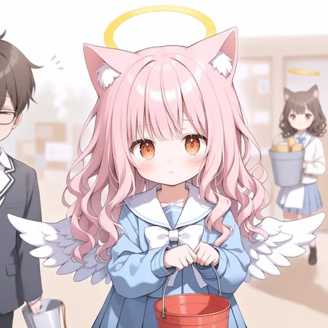 Draw wavy hair, angel wings, angel halo, school uniform and cat ears with {{{{{do not fill}}}}} bucket