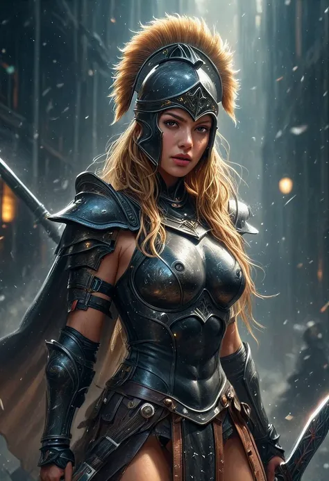 realistic photo,photorealistic,hyperrealistic,intricate details, (depth of field,bokeh:1.2), (she wears a full set sexy platemail armor:2),  (midriff exposed:2), (full body portrait of an blonde 18 year old girl:2),  show boobs, show pussy, show legs, ((show full body)), (full body in portrait:1.8), cute, adorable, perfect radiant skin, thin, slender, petite, small body, updo hairstyle, loose strands, light brown hair with highlights, (small breasts), small body, tight body, innocent, perfect face, beautiful face, bright radiant eyes, , long detailed eyelashes, perfect proportions,  shy subtle smile, innocent expression, (Capture the essence of a very sexy dark black colored:2), ( sexy cyborg ninja amidst a swirling dust and electricity storm:2). they stand in a desolate, destroyed medieval trebuchet, . (vivid ethereal colors:1.6), ((((wielding a massive intricately designs long sword)))), (((action pose for combat))), ((very strong winds blowing)), 
 very detailed,  cinematic film still, shallow depth of field, highly detailed, high budget, cinemascope, moody, epic, OverallDetail, gorgeous, RAW photo, photorealistic, candid camera, color graded cinematic, eye catchlights, atmospheric lighting, skin pores, imperfections, natural, shallow dof, action shot, spartan warrior, spartan armor, spartan helmet, plumed helmet, spiked spartan helmet, cloak, spear, shortsword