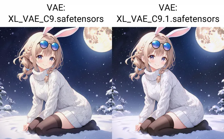 (ultra-detailed:1),(extremely detailed CG:1),(Smooth skin:1),Perfect details,Authentic skin texture,(cute girl),(1girl:1),(wariza:1),18 years old,french braid hair,medium breasts,(Rabbit ear:1),(eyewear:1),(fusion of white knit sweater & dress),(black_ thighhighs:1),smile,in fantastic moon,reflective powder snow,