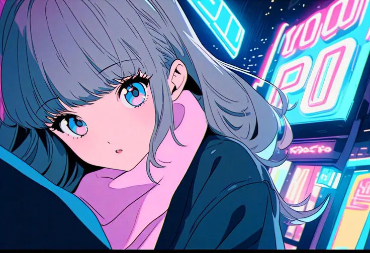 masterpiece, best quality, beautiful detailed eyes, ultra-detailed, finely detail, highres, vector Illustration, city pop, neon lights, (1 kawaii girl), 1980s style, low saturation, (pale hue), Calm, Fashionable and cute impression, Kyoto Animation, Japanese anime, Dutch angle, sulking,