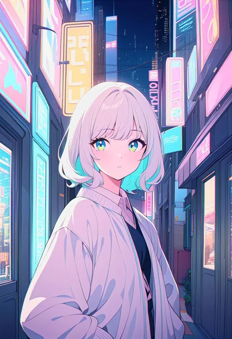 masterpiece, best quality, beautiful detailed eyes, ultra-detailed, finely detail, highres, vector Illustration, city pop, neon lights, BREAK (1 kawaii girl), 1980s style, low saturation, (pale hue), Calm, Fashionable and cute impression,