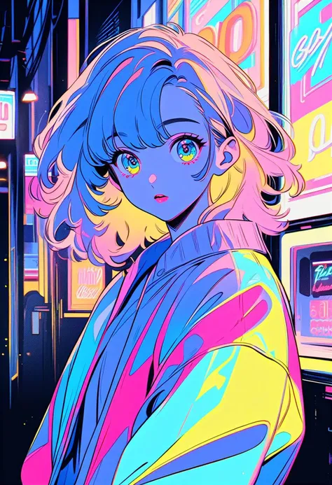 masterpiece, best quality, beautiful detailed eyes, ultra-detailed, finely detail, highres, vector Illustration, city pop, neon lights, BREAK (1 kawaii girl), 1980s style, low saturation, (pale hue), Calm, Fashionable and cute impression,