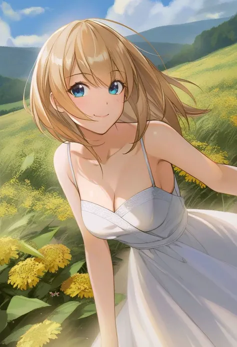 by 35s00, by 3meiji, by 5eyo, by 7nu, by 7thknights, thin-pasto, flat-pasto, cel shading, pseudo-impasto, 1girl, solo, smile, dress, flower, blonde hair, blue eyes, outdoors, blush, closed mouth, short hair, bare shoulders, looking at viewer, collarbone, day, sleeveless dress, white dress, hair between eyes, bangs, yellow flower, sleeveless, beautiful, detailed, (best quality:1.3)