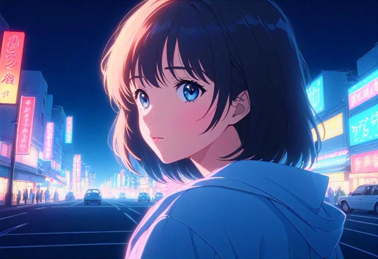 masterpiece, best quality, beautiful detailed eyes, ultra-detailed, finely detail, highres, vector Illustration, city pop, neon lights, (1 kawaii girl), 1980s style, low saturation, (pale hue), Calm, Fashionable and cute impression, Kyoto Animation, Japanese anime, Dutch angle, Makoto Shinkai style,