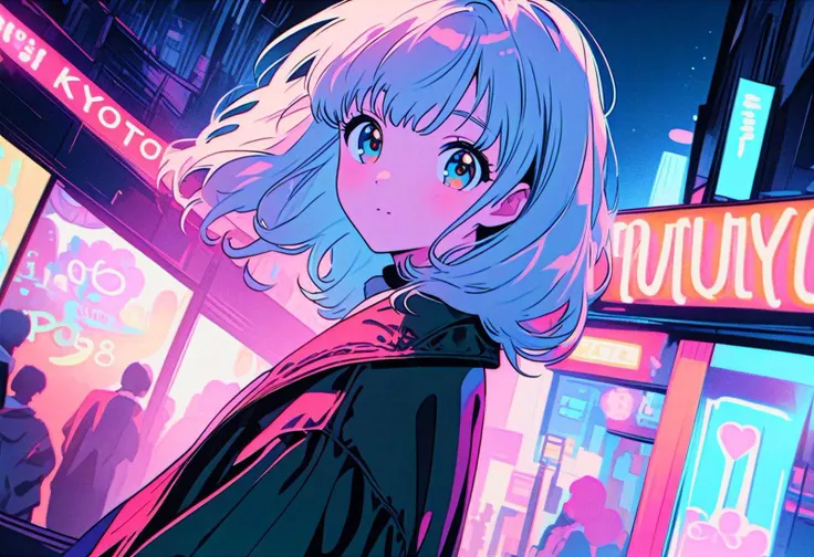 masterpiece, best quality, beautiful detailed eyes, ultra-detailed, finely detail, highres, vector Illustration, city pop, neon lights, (1 kawaii girl), 1980s style, low saturation, (pale hue), Calm, Fashionable and cute impression, Kyoto Animation, Japanese anime, Dutch angle, Makoto Shinkai style,