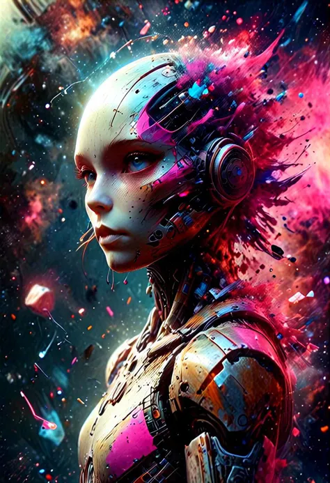 Futuristic android on space background with geometric techno elements, kinetic motion, oil painting texture, metallic accents and ink drop style. Graphic Elegance, space art, Sci-Fic Art, dark influence, NijiExpress 3D v3, kinetic art, datanoshing, oil painting, Ink v3, Splash style, abstract art, abstract technology, cyber elements, futurism, epic style, Illustrated v3, Deco influence, AirBrush style, drawing, metallic effect, Geo2099 style, Mixpnk, Artstation concept art, 64k