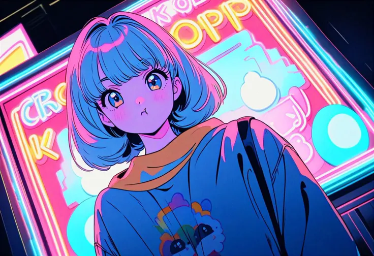 masterpiece, best quality, beautiful detailed eyes, ultra-detailed, finely detail, highres, vector Illustration, city pop, neon lights, (1 kawaii girl), 1980s style, low saturation, (pale hue), Calm, Fashionable and cute impression, Kyoto Animation, Japanese anime, Dutch angle, pout,