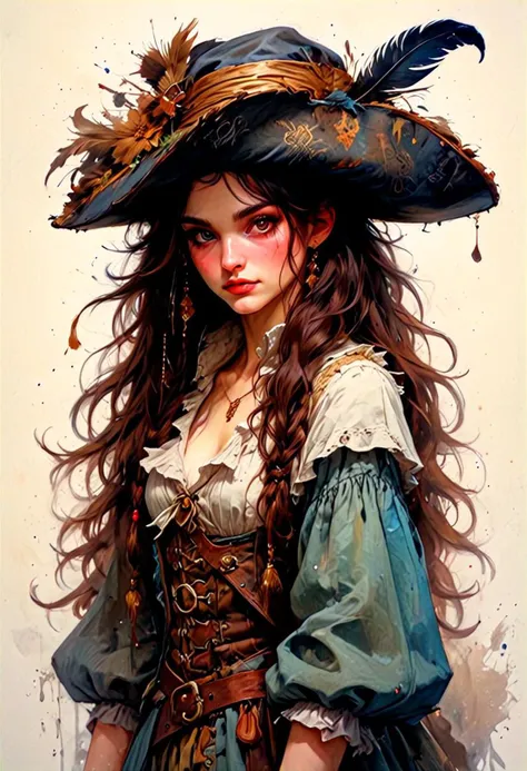 wet ink, female captain Hook in hat with feather, big gray eyes, alluring stance,
embarrassed expression, blushing soft round face, long hair, mixed style
Jean Baptiste Monge, Carne Griffiths, Michael Garmash, Seb Mckinnon, Jeremy Mann, intricate details, hyper detailed, palette knife and rude brush strokes