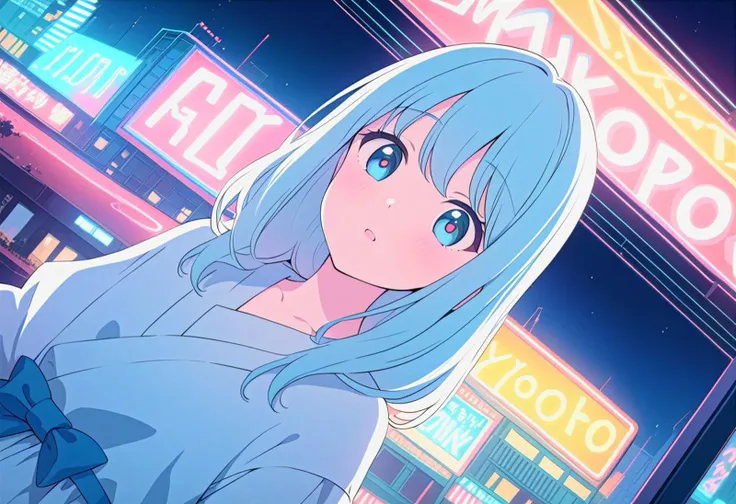 masterpiece, best quality, beautiful detailed eyes, ultra-detailed, finely detail, highres, vector Illustration, city pop, neon lights, (1 kawaii girl), 1980s style, low saturation, (pale hue), Calm, Fashionable and cute impression, Kyoto Animation, Japanese anime, Dutch angle, Makoto Shinkai style,