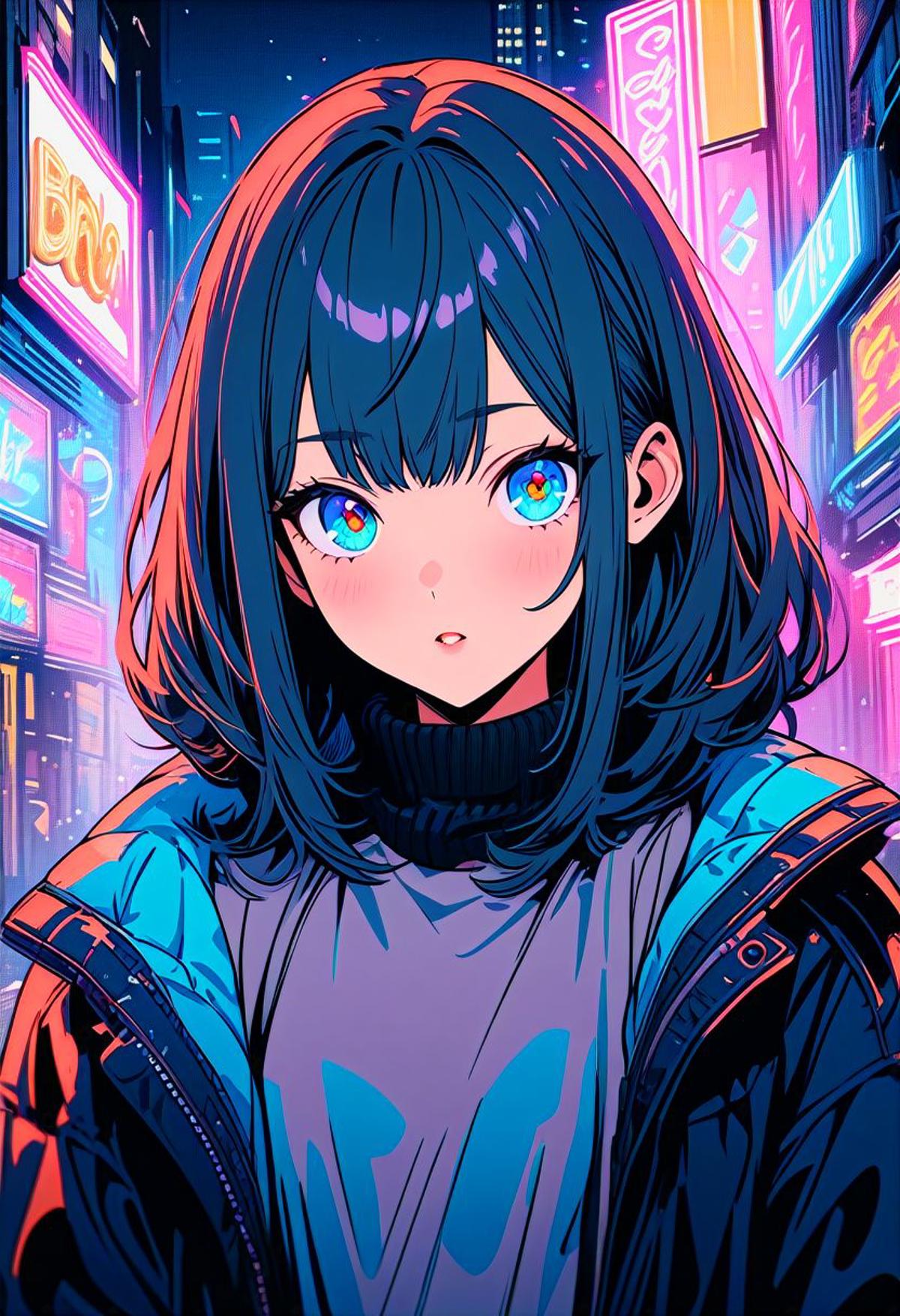 A girl with blue eyes stands in front of neon signs - SeaArt AI