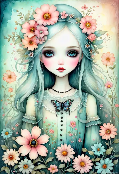 greeting card style captures essence, whimsical girl, kawaii , flowers pastel watercolor, in the style of Gorjuss, Joan Walsh Anglund,soft-focus and diffused lighting akin to Paolo Roversi, imbued with Tim Burton's macabre touch, Kris Kuksi-like intricate background detail, digital painting, ultra-detailed, cinematic.