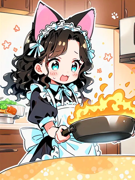 Draw wavy hair, Maid clothes and cat ears with frying pan