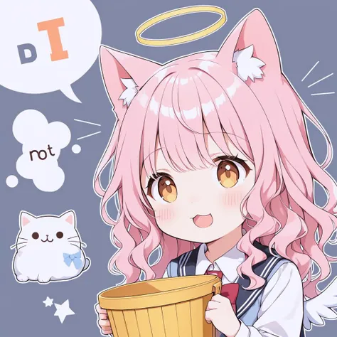 Draw wavy hair, angel wings, angel halo, school uniform and cat ears with {{{{{do not fill}}}}} bucket