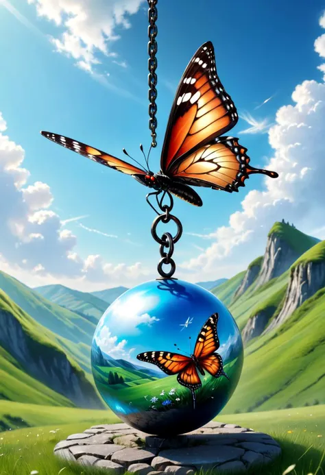 masterpiece, 8k, detailed, sharp focus, realistic photo,
A large butterfly flying across blue skies and green hills, above the ground, large cast iron metallic ball high in the sky attacked to butterfly with metallic chain, butterfly weighed down by chain struggling to fly into the sky