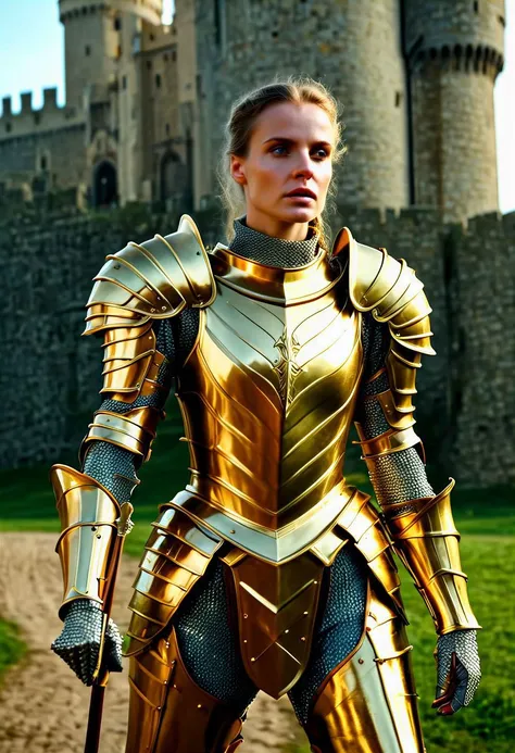 Cinematic shot of adult beautiful female knight wearing golden armor, holding spear, castle in background, HD, masterpiece, best quality, hyper detailed, ultra detailed, super realistic