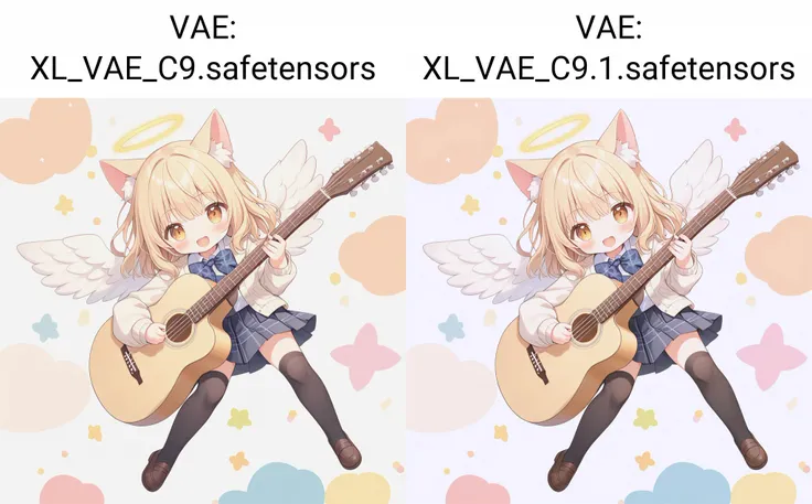 white background,semilong wavy blonde hair,angel wing,Angel Halo,full body,(school uniform:1.2),black thighhighs,cute,cat ears, white background,play the guitar,