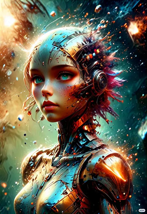 Futuristic android on space background with geometric techno elements, kinetic motion, oil painting texture, metallic accents and ink drop style. Graphic Elegance, space art, Sci-Fic Art, dark influence, NijiExpress 3D v3, kinetic art, datanoshing, oil painting, Ink v3, Splash style, abstract art, abstract technology, cyber elements, futurism, epic style, Illustrated v3, Deco influence, AirBrush style, drawing, metallic effect, Geo2099 style, Mixpnk, Artstation concept art, 64k