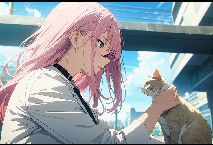 neatly drawn nose, outdoor, Only street lights, 1 stray cat, squat down and touch the cat, From the side, 1woman, solo, long hair, pink hair, black choker, green eyes,  gorgeous lips, white suit, tie, office lady, cinematic, (masterpiece), (best quality), (ultra-detailed), very aesthetic, illustration, perfect composition, intricate details, absurdres, blue sky, clouds, (anime, masterpiece, intricate:1.3), (best quality, hires textures, high detail:1.2), (4k),(incredibly detailed:1.4), perfect anatomy, correct sense of scale, side lighting