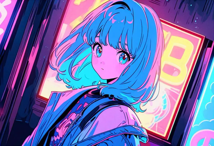 masterpiece, best quality, beautiful detailed eyes, ultra-detailed, finely detail, highres, vector Illustration, city pop, neon lights, (1 kawaii girl), 1980s style, low saturation, (pale hue), Calm, Fashionable and cute impression, Kyoto Animation, Japanese anime, Dutch angle, pensive,