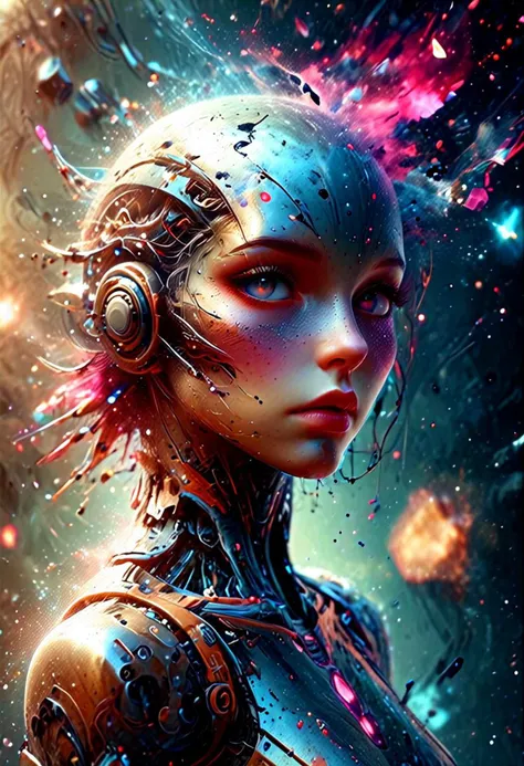 Futuristic android on space background with geometric techno elements, kinetic motion, oil painting texture, metallic accents and ink drop style. Graphic Elegance, space art, Sci-Fic Art, dark influence, NijiExpress 3D v3, kinetic art, datanoshing, oil painting, Ink v3, Splash style, abstract art, abstract technology, cyber elements, futurism, epic style, Illustrated v3, Deco influence, AirBrush style, drawing, metallic effect, Geo2099 style, Mixpnk, Artstation concept art, 64k