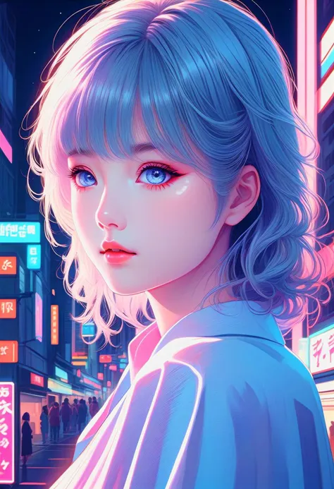 masterpiece, best quality, beautiful detailed eyes, ultra-detailed, finely detail, highres, vector Illustration, city pop, neon lights, (1 kawaii girl), 1980s style, low saturation, (pale hue), Calm, Fashionable and cute impression, Kyoto Animation, Japanese anime,