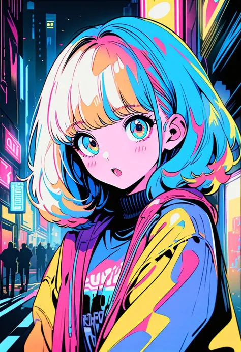 masterpiece, best quality, beautiful detailed eyes, ultra-detailed, finely detail, highres, vector Illustration, city pop, neon lights, (1 kawaii girl), 1980s style,