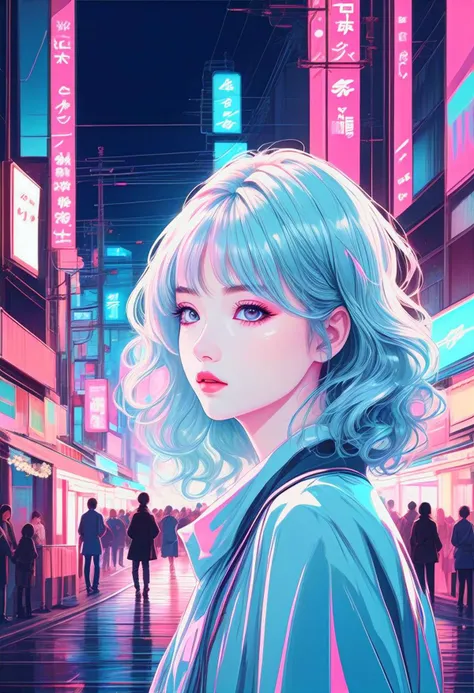 masterpiece, best quality, beautiful detailed eyes, ultra-detailed, finely detail, highres, vector Illustration, city pop, neon lights, (1 kawaii girl), 1980s style, low saturation, (pale hue), Calm, Fashionable and cute impression, Kyoto Animation,