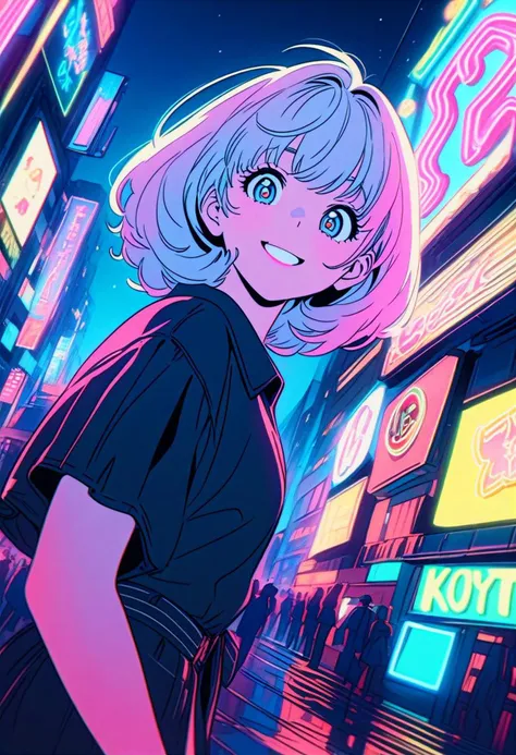 masterpiece, best quality, beautiful detailed eyes, ultra-detailed, finely detail, highres, vector Illustration, city pop, neon lights, (1 kawaii girl), 1980s style, low saturation, (pale hue), Calm, Fashionable and cute impression, Kyoto Animation, Japanese anime, Dutch angle, crazy smile,